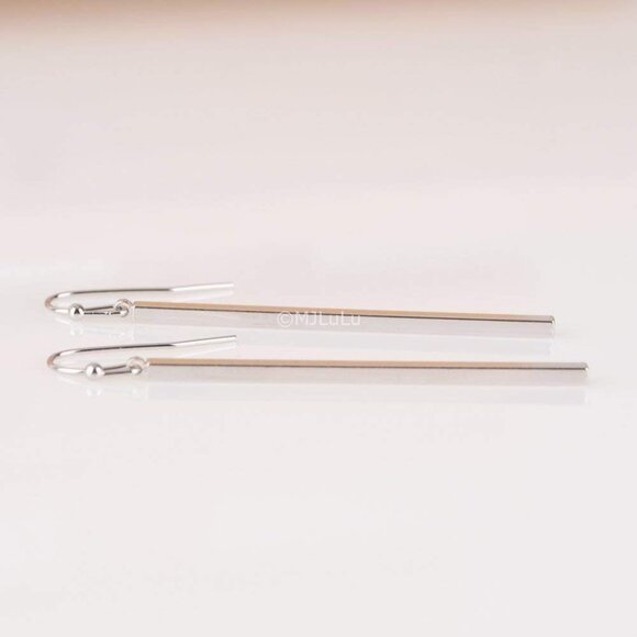 Minimalist Silver Plated Long Vertical Bar Drop Earrings - Picture 4 of 5